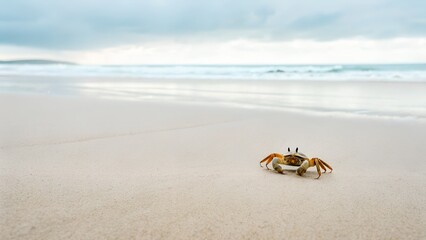 Obraz premium A Solitary Crab Scuttles Across a Sandy Beach Under a Cloudy Sky