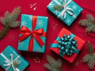 Festive christmas gifts with ribbons and pine branches on a red background