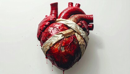 Surreal Anatomical Human Heart Wrapped in Adhesive Duct Tape on White Background