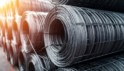 Rolls of Wire Mesh Fencing Material Stacked in a Warehouse.