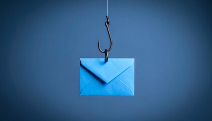 Blue envelope on fishing hook over gradient background, symbolizing phishing and email deception.