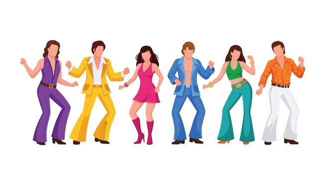 A group of people in 1970s attire joyfully dancing together