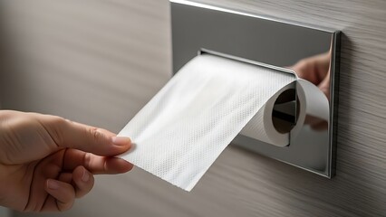 Hand Pulling Toilet Paper from Modern Bathroom Dispenser Close Up
