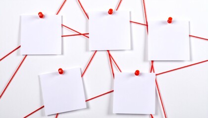 Five blank notes pinned with red strings on white surface, forming a visual network.