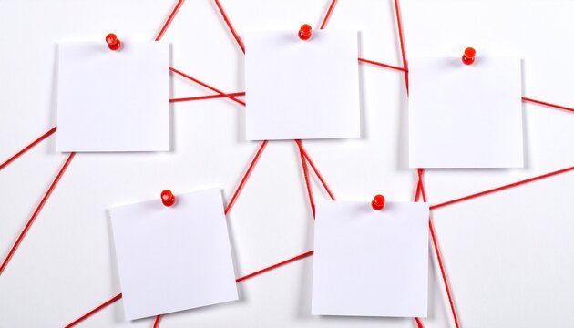 Five blank notes pinned with red strings on white surface, forming a visual network.