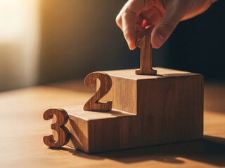 A hand placing a wooden number one on top of a tiered block structure