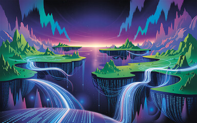 A vibrant digital landscape featuring floating islands with glowing data streams and futuristic mountains