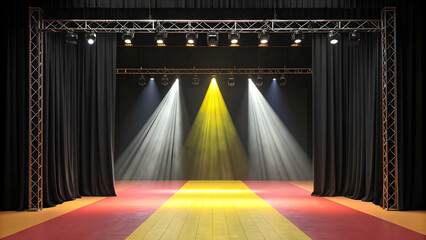 A stage illuminated by multiple spotlights and stage lights creating a vibrant atmosphere with curtains and red carpet