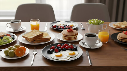 A delightful breakfast spread featuring pancakes, toast, fruit, and eggs on a wooden table, perfect for morning meals