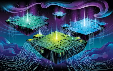 Advanced data stream network connecting glowing futuristic processing units in a digital realm