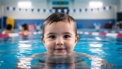 Baby enjoys swimming in pool