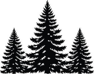 Obraz premium Black spruce tree silhouette vector illustration featuring three pine trees of varying heights for forest, wilderness, nature, and outdoor landscape designs.