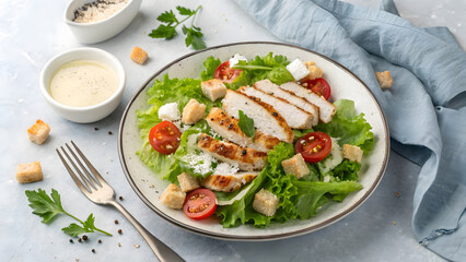 A delicious fresh chicken salad with croutons and dressing on a white plate viewed from above on a light surface