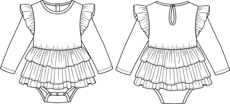 Baby girl ruffle romper fashion technical sketch set, long sleeve infant bodysuit illustration, tiered frill toddler apparel design template,