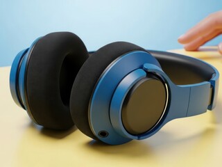 Close up of modern blue wireless headphones resting on a yellow surface