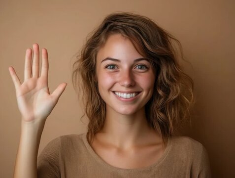 Smiling woman waves hello against a simple brown background in a casual setting