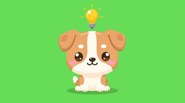 Adorable cartoon chibi dog sitting with idea lightbulb above head isolated on chroma key screen for animated explainer videos.