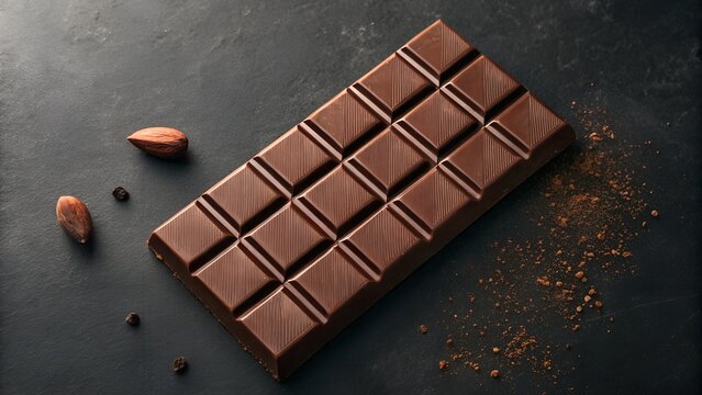 Rich Dark Chocolate Bar with Cacao Beans on Dark Textured Surface Studio Lighting
