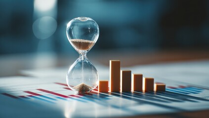 Hourglass on financial chart paper with decreasing bar graph indicating time passing and declining statistics.