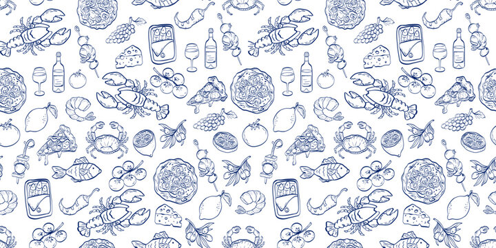 Seamless Mediterranean food pattern seafood, pizza, cheese, wine, olives, tomatoes, lemons and appetizers drawn as blue line icons on a white background for packaging, textiles and menus