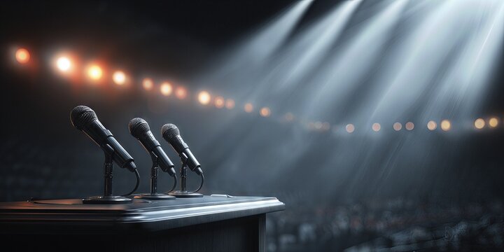 Microphone Podium: Dramatic stage with spotlight illuminated microphones, set against an out-of-focus background evoking anticipation.