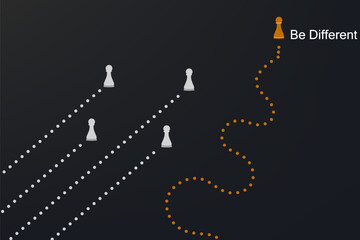 Unique orange pawn chess piece moving in zigzag path apart from white pawns for business strategy concept