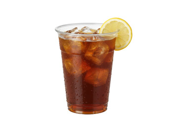 cold brew coffee in a plastic cup with ice and lemon, isolated cutout