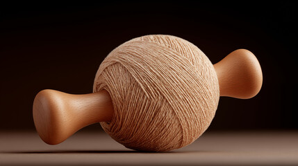 Yarn ball with wooden knitting needles against black background, crafting and handmade hobby concept