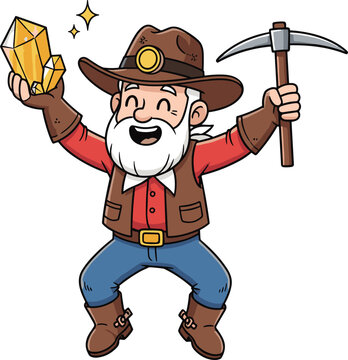 Happy cartoon prospector miner character holding a pickaxe and gold crystal gem, vector illustration for mining, treasure, and adventure designs.