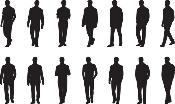 Silhouettes of a man walking and standing in casual posture, side view and front view poses, isolated black shadow figure collection