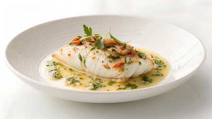White Fish Fillet Cooked in Butter Sauce with Herbs and Spices in a White Bowl Studio Lighting