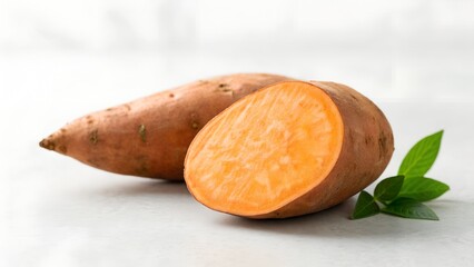 Whole and Halved Orange Sweet Potato with Green Mint Leaves on a Light Gray Textured Surface