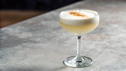 A Frothy Cocktail With Spices Garnishing The White Foam On A Concrete Bar Top