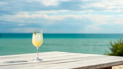 A Refreshing Cocktail on a Wooden Table Overlooking the Turquoise Ocean Under a Cloudy Sky