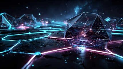 Technology ai mesh network banner. Lines big data grid neon background. Artificial Intelligence game futuristic wave net connect vector design.