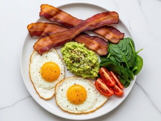 A delicious breakfast plate featuring bacon eggs avocado and fresh vegetables
