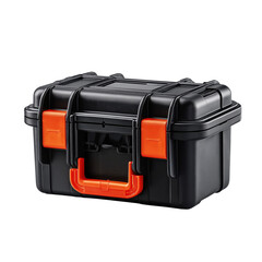Naklejka premium Black Waterproof Hard Case with Orange Latches image isolated on a transparent background