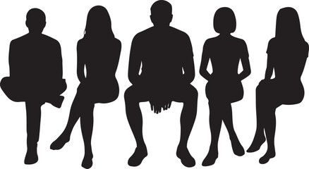 Sitting people silhouette Vector collection in PNG with black silhouettes of men and women and teenagers sitting on bench or chair business group in profile view isolated on Transparent background