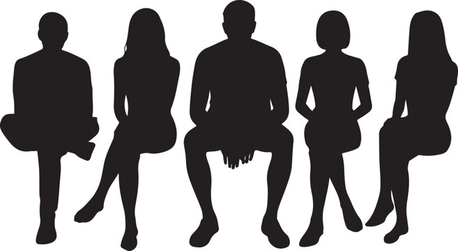 Sitting people silhouette Vector collection in PNG with black silhouettes of men and women and teenagers sitting on bench or chair business group in profile view isolated on Transparent background