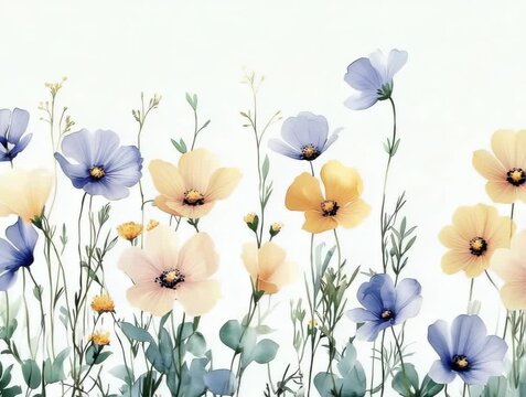 Colorful flowers growing in a garden during springtime by a sunny sky and soft clouds