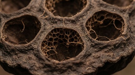 Close-up macro shot of a dried brown lotus seed pod showing its unique honeycomb-like structure