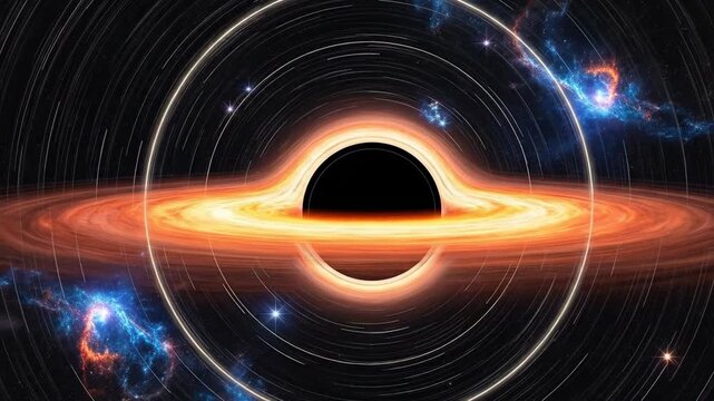 A cosmic vortex of light and energy swirls around a black hole in space.