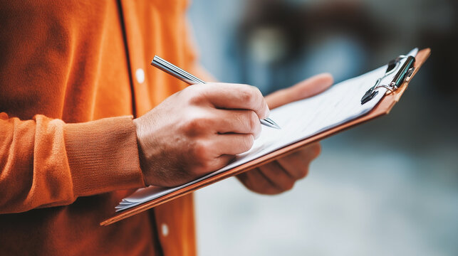 A man is writing on a clipboard
