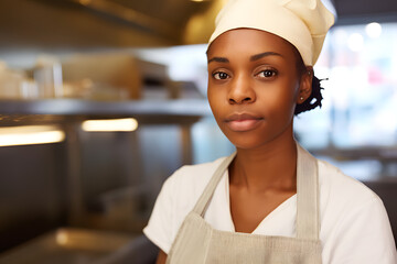 Chef stands in kitchen preparing for service at a restaurant during the busy lunch hour on a bright day