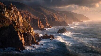 Rugged cliffs meeting ocean waves at sunset