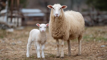 Obraz premium Mother sheep and her lamb standing in a field. the mother sheep is standing on the right side of the image, facing the camera, while the lamb is on the left side.