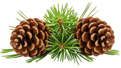Two pine cones with fresh pine needles isolated on transparent background