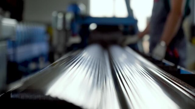 Production Line Of Metal Tile For Roof. Steel Forming Machine In Metalwork