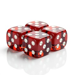 Four Bright Red Dice with White Dots on a Reflective Surface