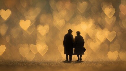 Timeless Love Silhouette of Elderly Couple with Soft Golden Background and Heart Shaped Bokeh,Warm Golden Light Symbolizing Eternal Love and Lifelong Connection